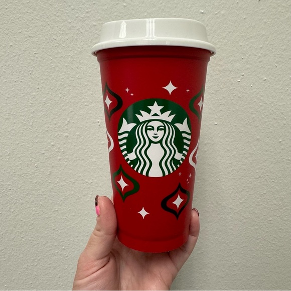New Starbucks 2023 Red Reusable Star Print Cup Day Grande Hot Cup with Lid 16 Oz - Picture 3 of 9